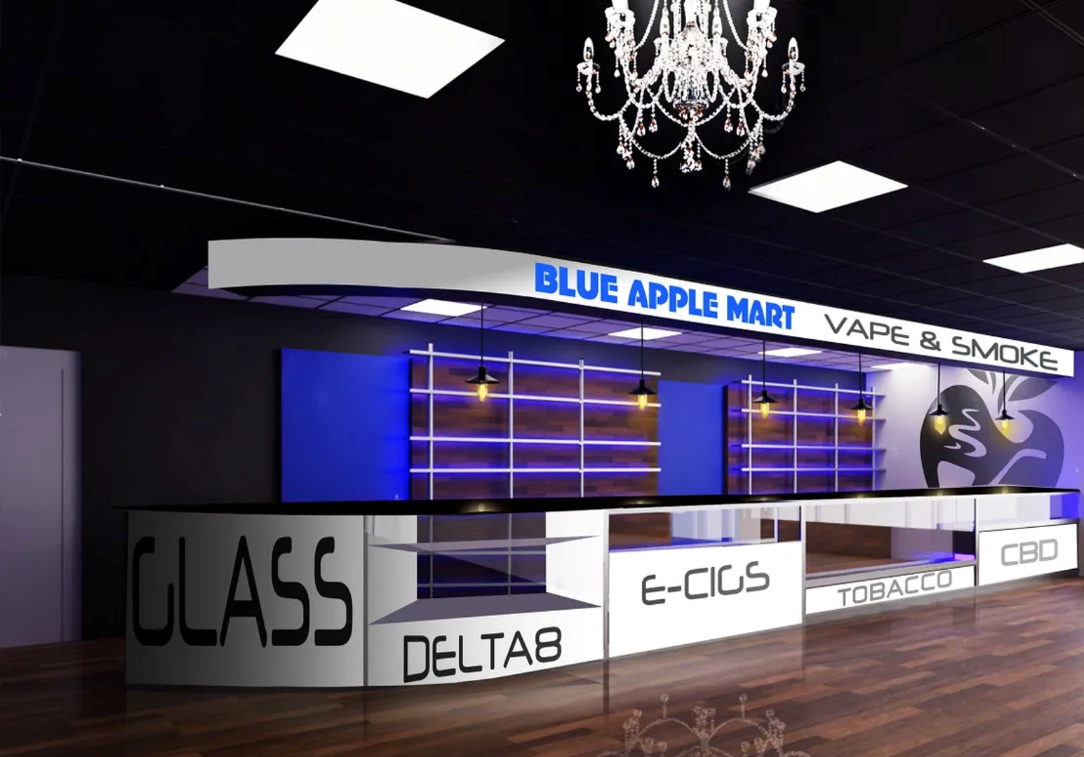 Blue Apple Mart vape and smoke shop interior design — modern glass cases, LED lighting, branded counters